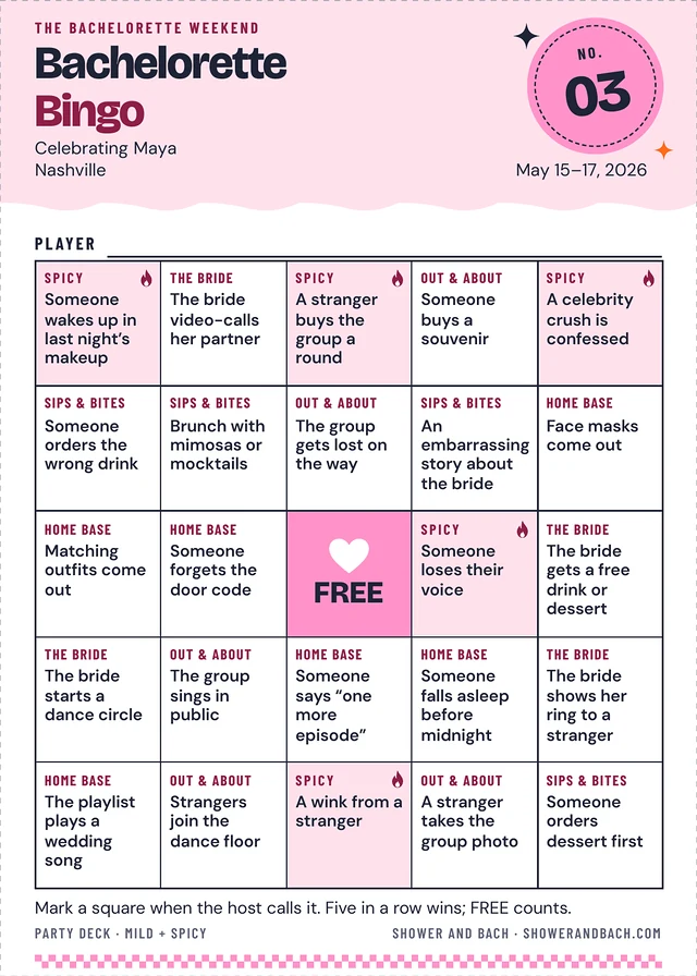 Bachelorette Bingo: one card, example name typed in