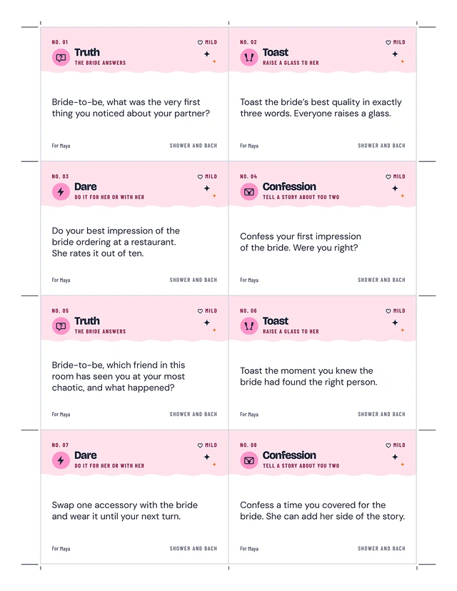 Truths, Toasts and Dares for the Bride: a whole page, example filled in
