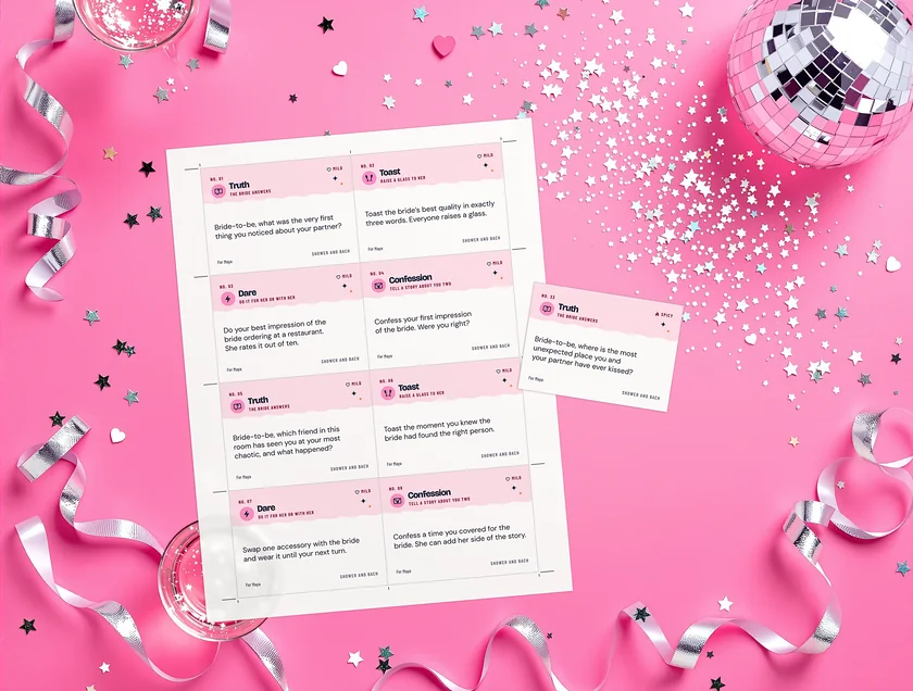 Truths, Toasts and Dares for the Bride: real printed pages on a pink party set