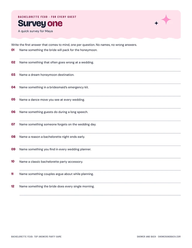 Bachelorette Feud: Top Answers Party Game: a whole page, example filled in