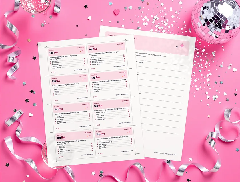 Bachelorette Feud: Top Answers Party Game: the real printed pages on a pink party set