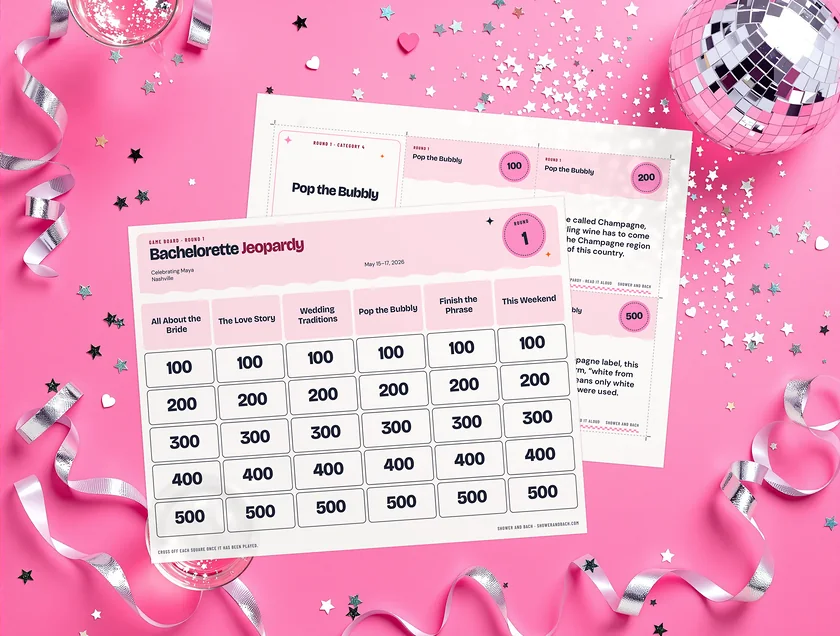 Bachelorette Jeopardy: real printed pages on a pink party set