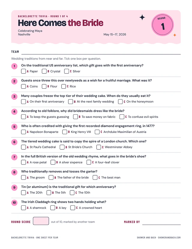 Bachelorette Trivia: a whole page, example filled in