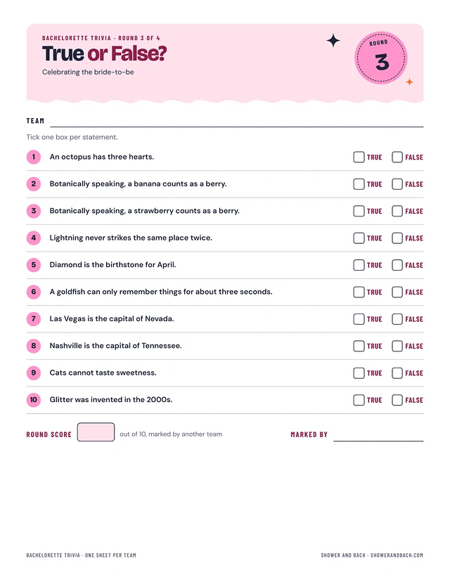 Bachelorette Trivia: a whole page, example filled in