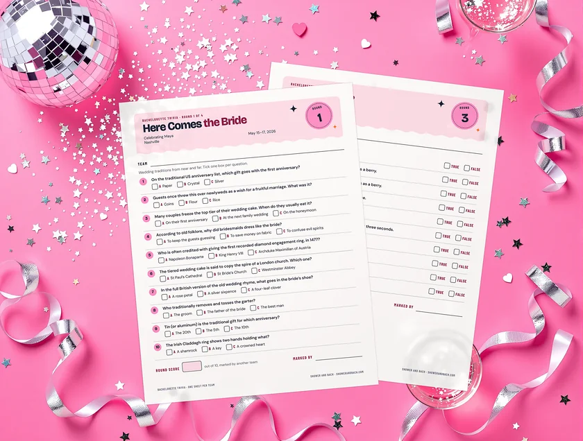 Bachelorette Trivia: the real printed pages on a pink party set