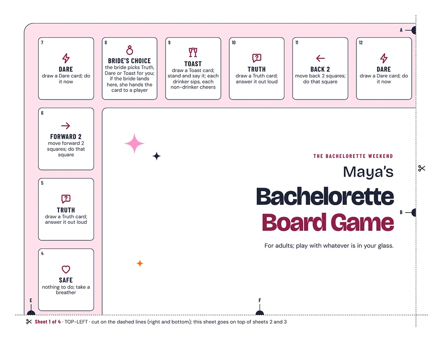 Bachelorette Party Board Game: a whole page, example filled in