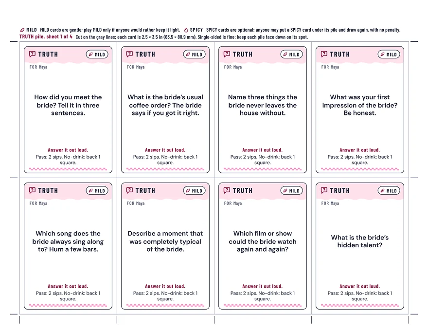 Bachelorette Party Board Game: a whole page, example filled in