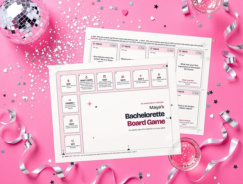 Bachelorette Party Board Game: the real printed pages on a pink party set