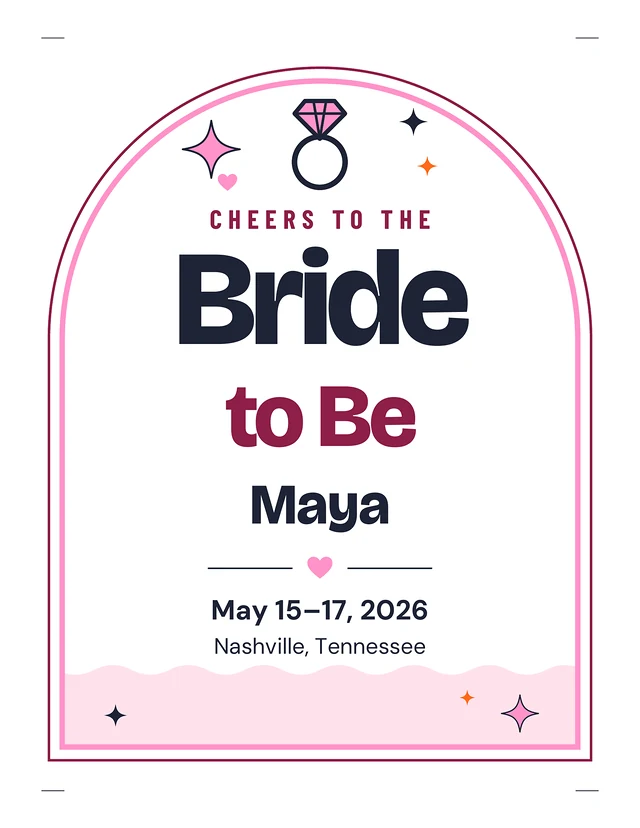Bride to Be Sign: a whole page, example filled in