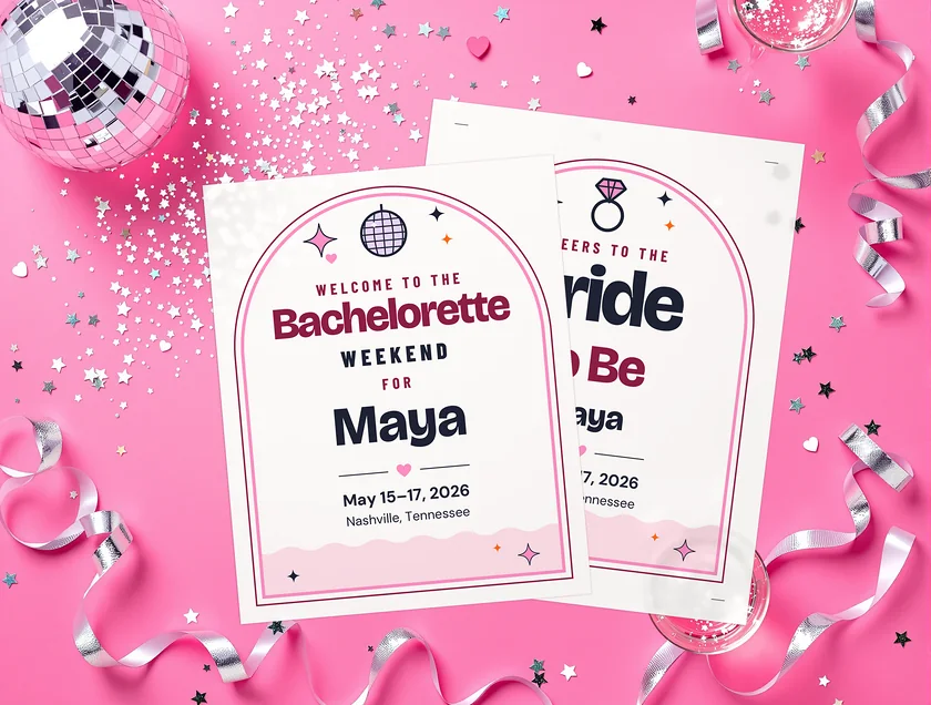 Bride to Be Sign: real printed pages on a pink party set
