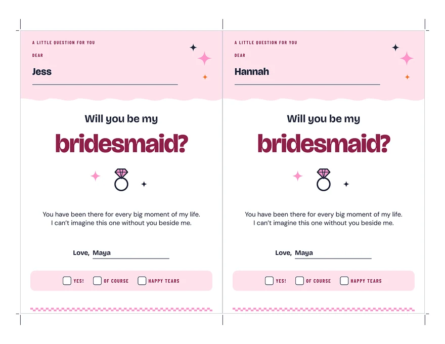 Bridesmaid Proposal and Info Cards: a whole page, example filled in