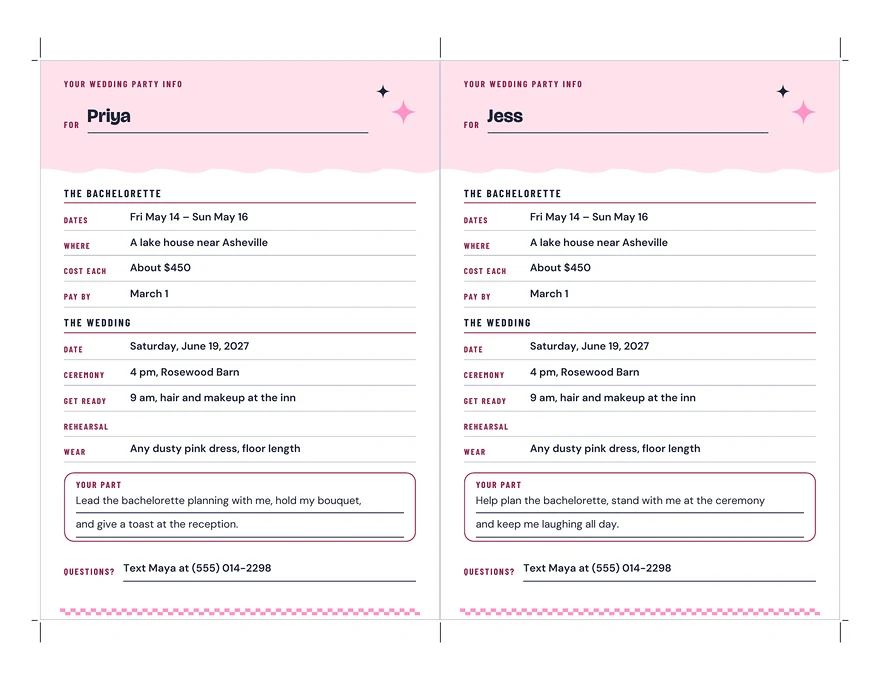 Bridesmaid Proposal and Info Cards: a whole page, example filled in