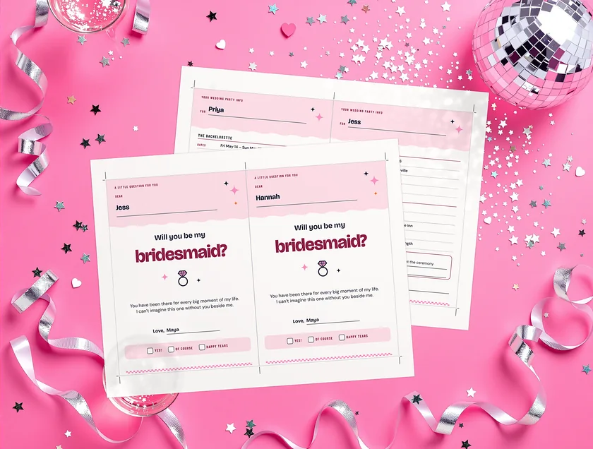 Bridesmaid Proposal and Info Cards: real printed pages on a pink party set