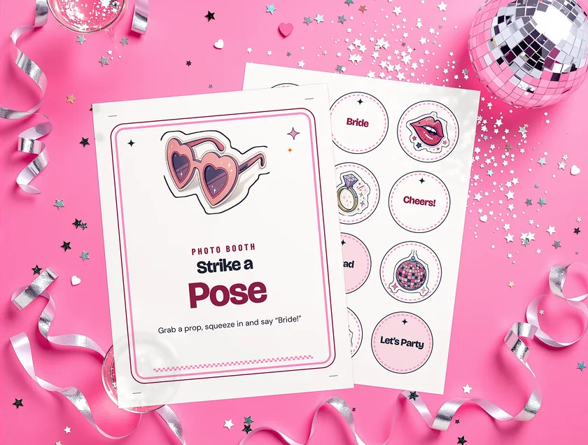 Printable Bachelorette Decor Pack: the real printed pages on a pink party set