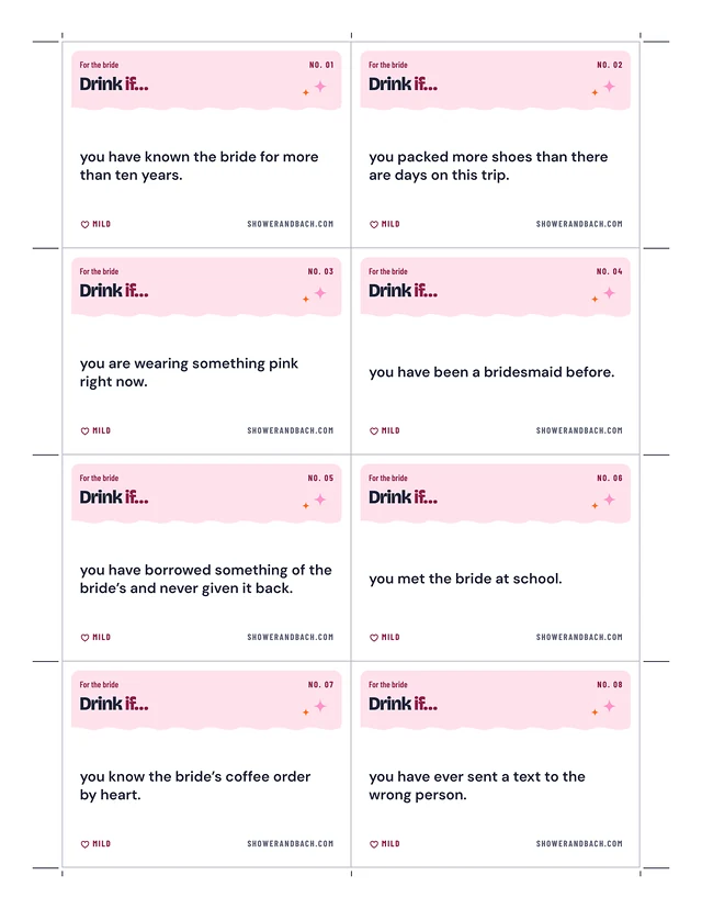 Drink If: Bachelorette Card Game: a whole page, example filled in