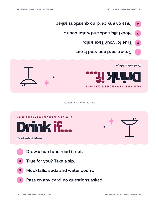 Drink If: Bachelorette Card Game: a whole page, example filled in