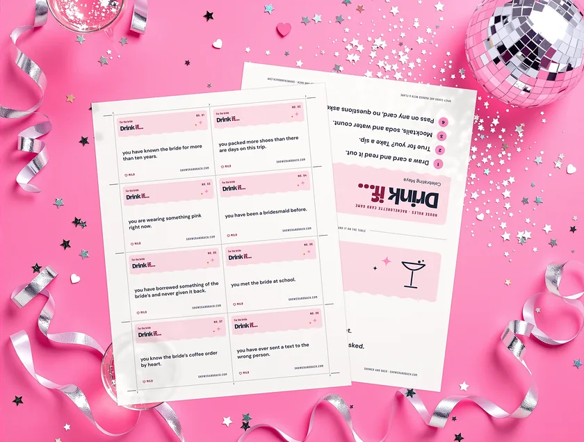 Drink If: Bachelorette Card Game: the real printed pages on a pink party set