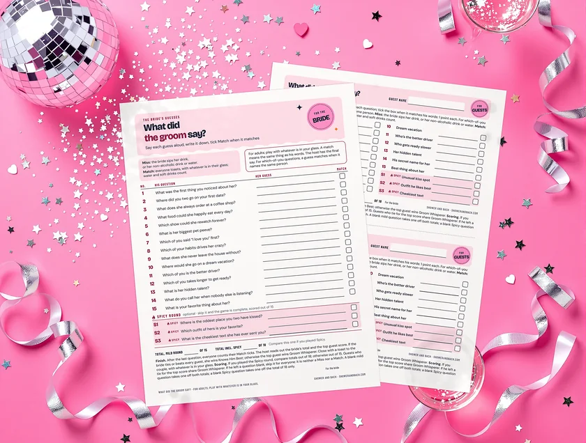 What Did the Groom Say?: the real printed pages on a pink party set