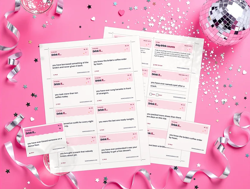 Drink If Mini, the free bachelorette card game, printed on a pink party set