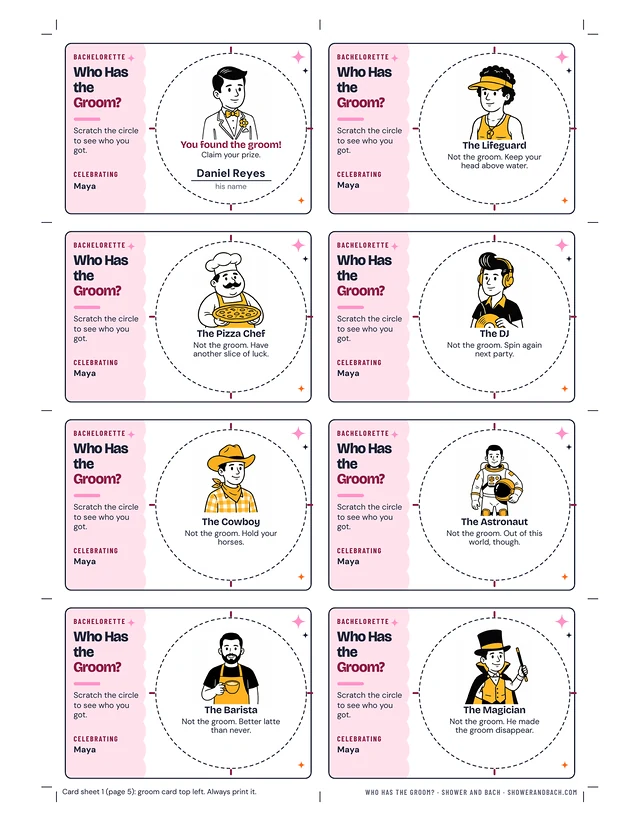 Who Has the Groom? Scratch-Off Cards: a whole page, example filled in