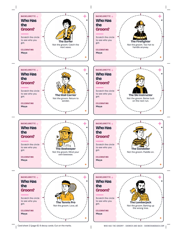 Who Has the Groom? Scratch-Off Cards: a whole page, example filled in