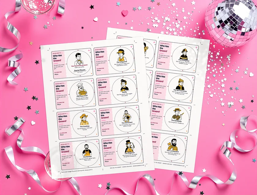 Who Has the Groom? Scratch-Off Cards: the real printed pages on a pink party set