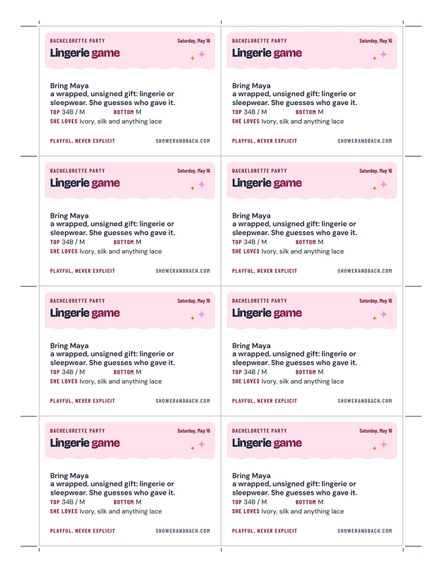 Lingerie Game: Guess Who Gave It: a whole page, example filled in