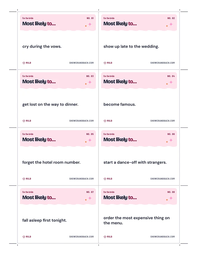 Most Likely To: Bachelorette Card Game: a whole page, example filled in