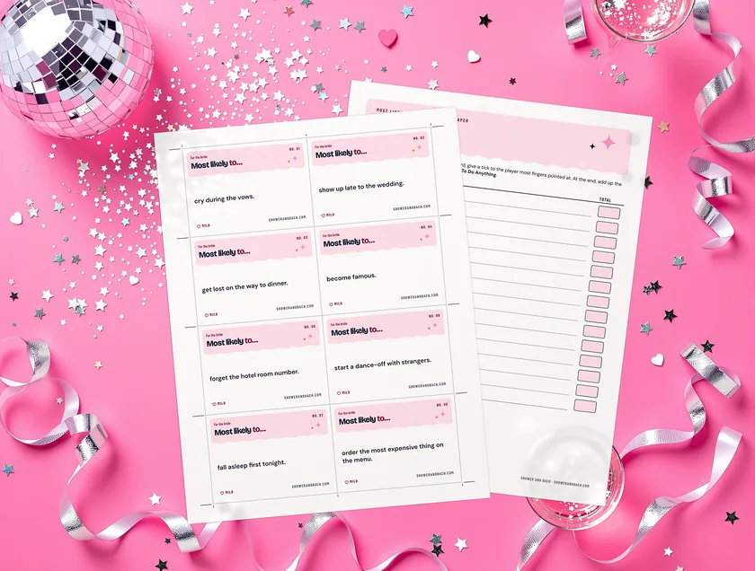 Most Likely To: Bachelorette Card Game: real printed pages on a pink party set