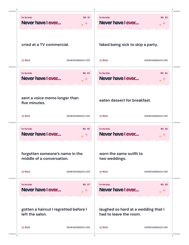 Never Have I Ever: Bachelorette Card Game: a whole page, example filled in