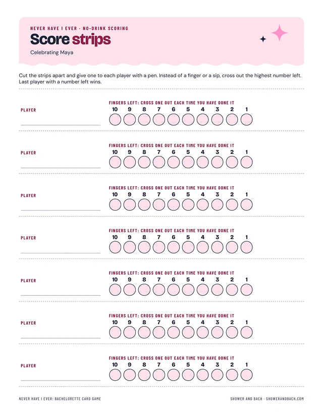 Never Have I Ever: Bachelorette Card Game: a whole page, example filled in