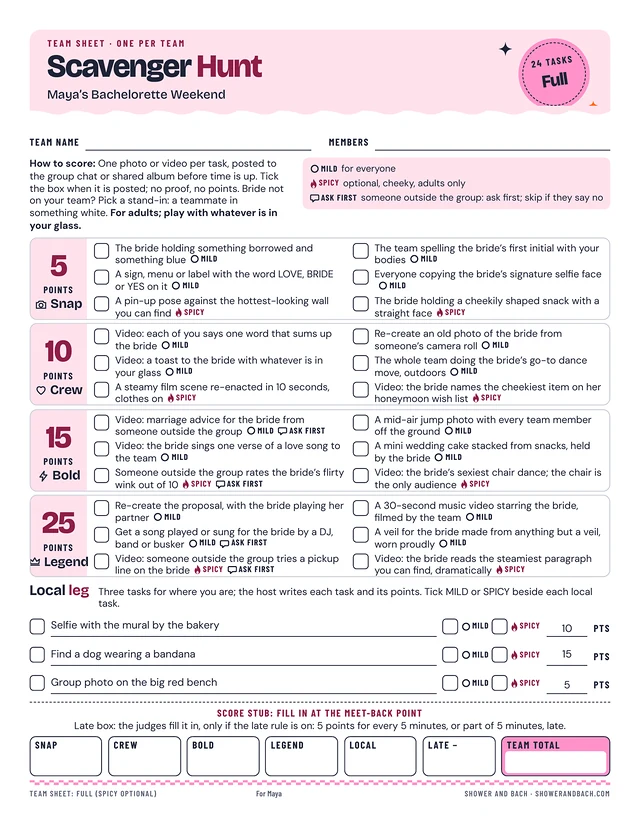 Bachelorette Weekend Scavenger Hunt: a whole page, example filled in