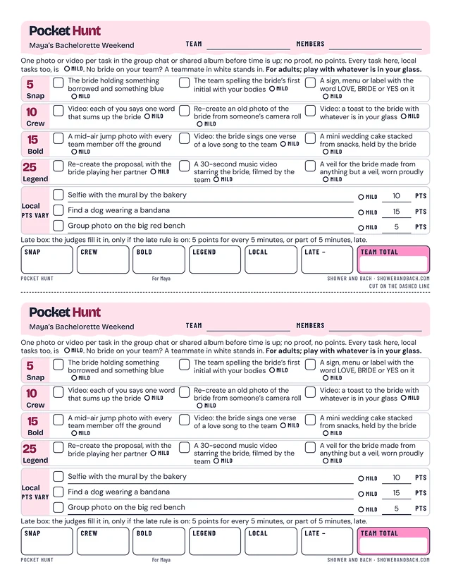 Bachelorette Weekend Scavenger Hunt: a whole page, example filled in