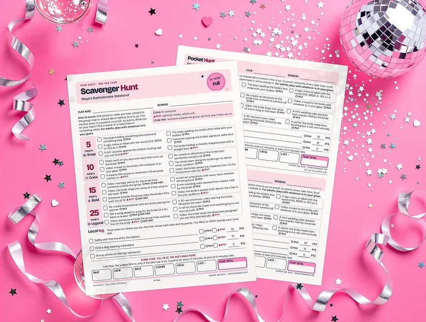 Bachelorette Weekend Scavenger Hunt: the real printed pages on a pink party set