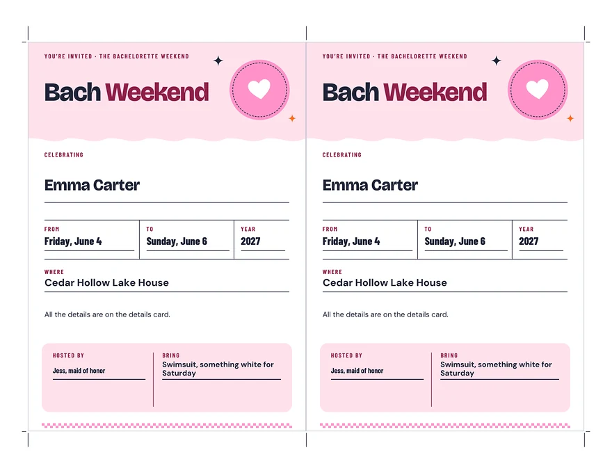 Bachelorette Weekend Invitation: a whole page, example filled in