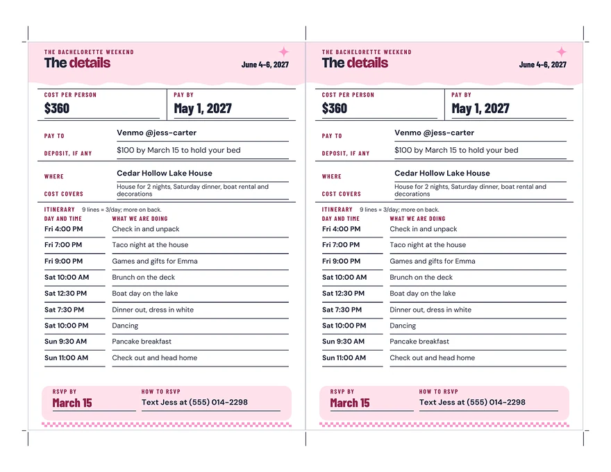 Bachelorette Weekend Invitation: a whole page, example filled in