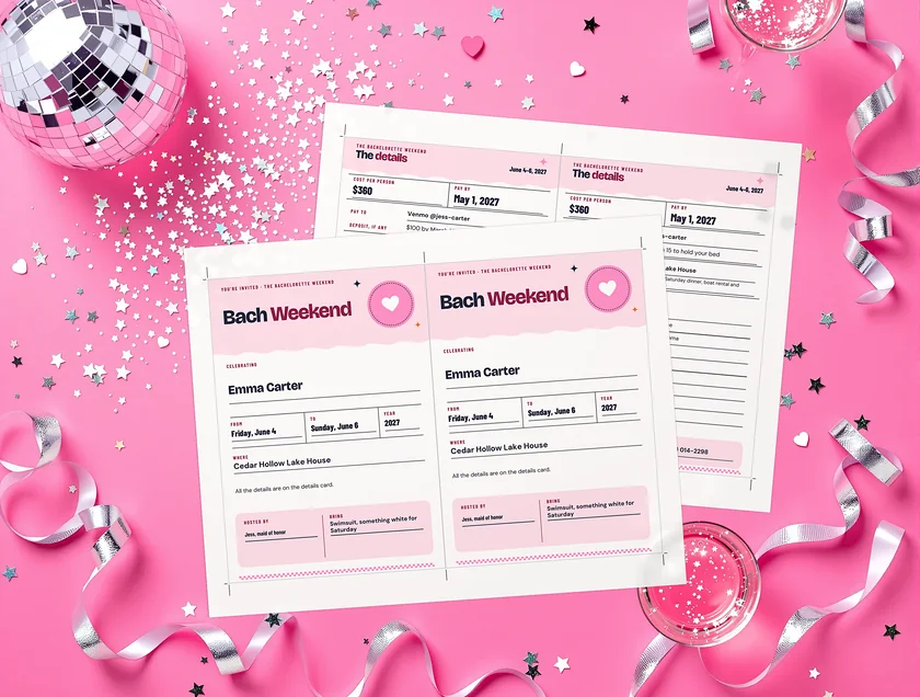 Bachelorette Weekend Invitation: the real printed pages on a pink party set