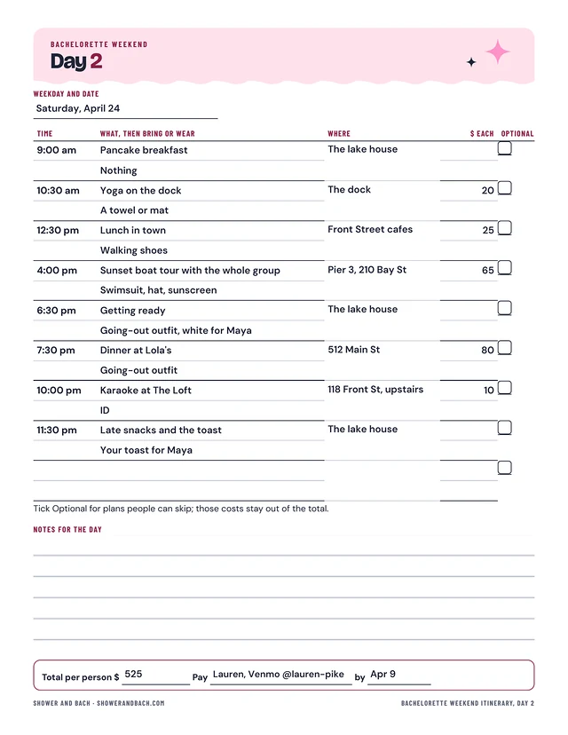 Bachelorette Weekend Itinerary: a whole page, example filled in