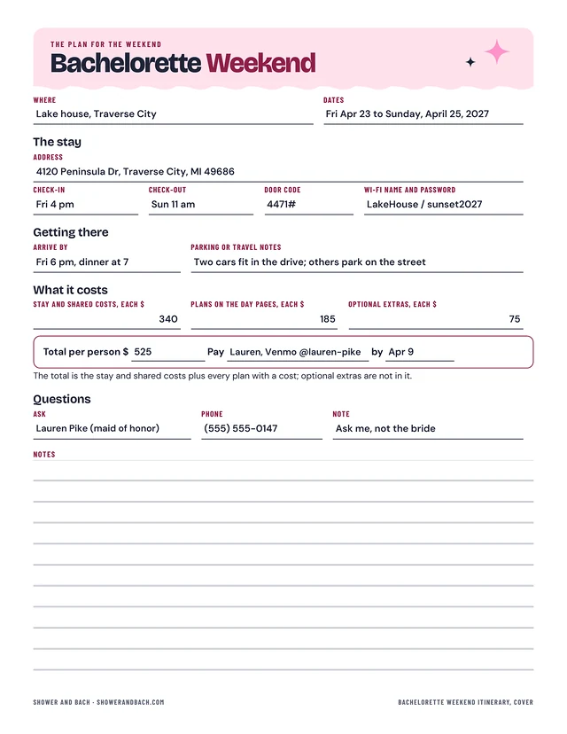 Bachelorette Weekend Itinerary: a whole page, example filled in