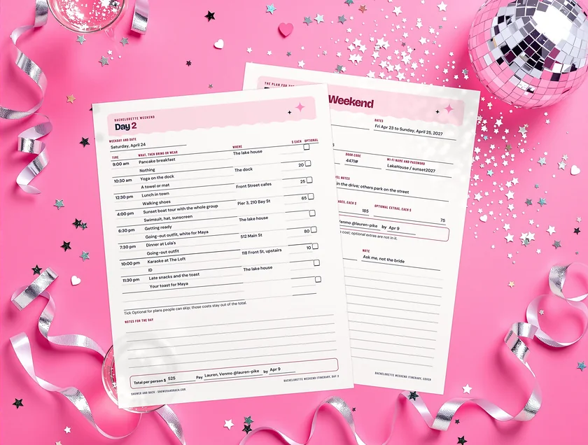 Bachelorette Weekend Itinerary: real printed pages on a pink party set