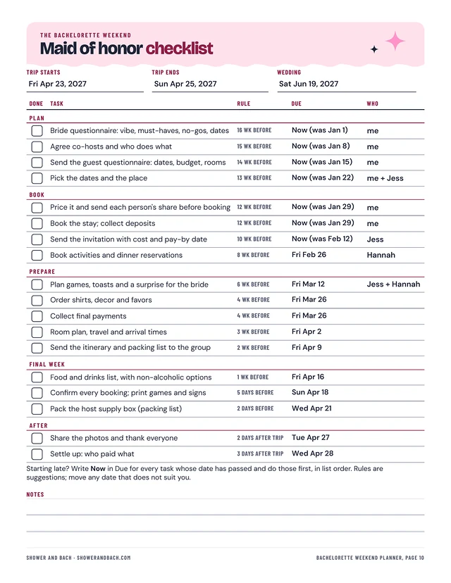 Bachelorette Weekend Planner: a whole page, example filled in