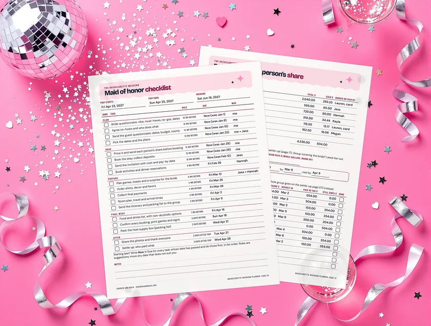 Bachelorette Weekend Planner: real printed pages on a pink party set